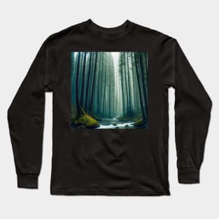 Misty Pine Forest River Rapids Long Sleeve T-Shirt